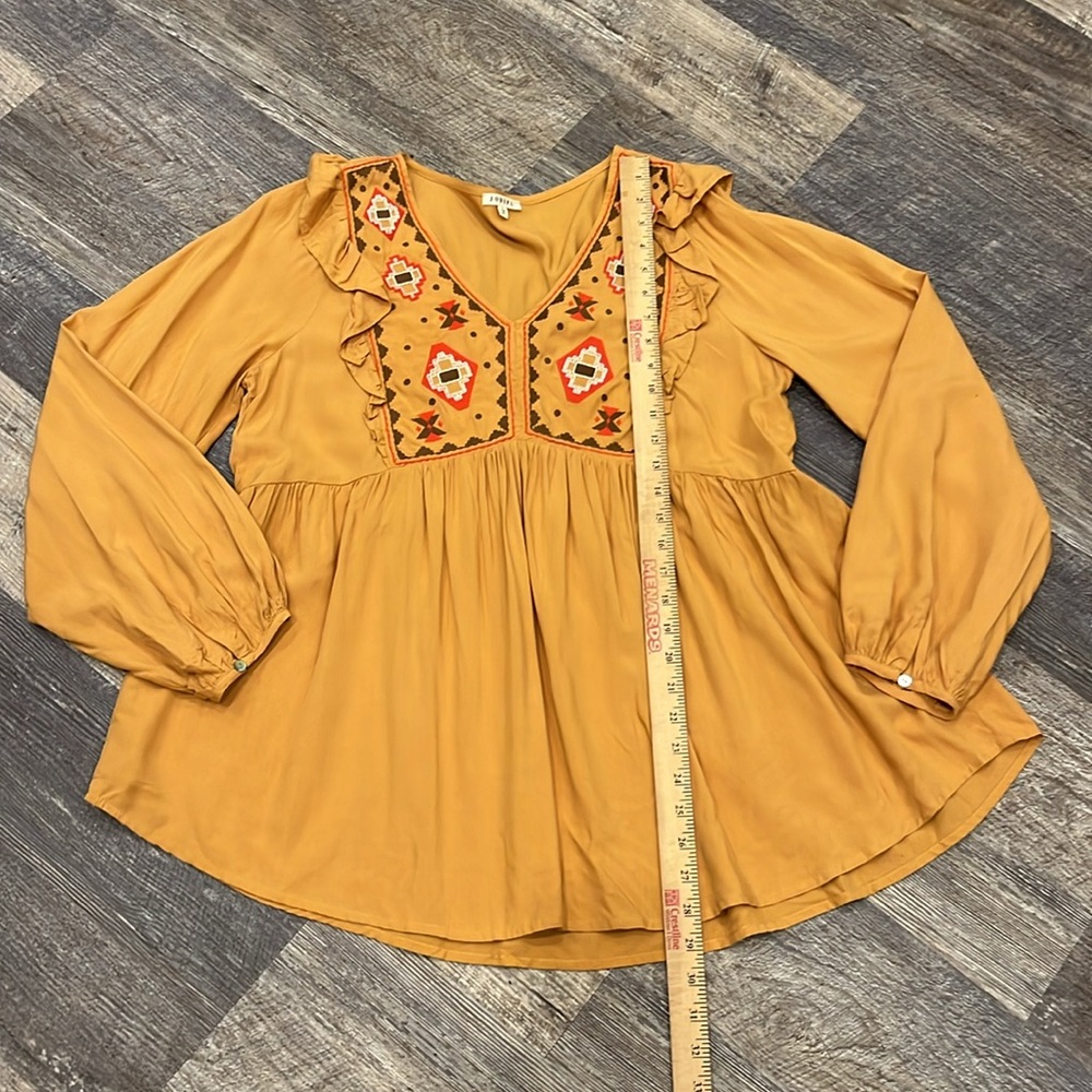 Jodifl Mustard Embroidered Ruffle Blouse L Boho Long Sleeve Top - Picture 10 of 11